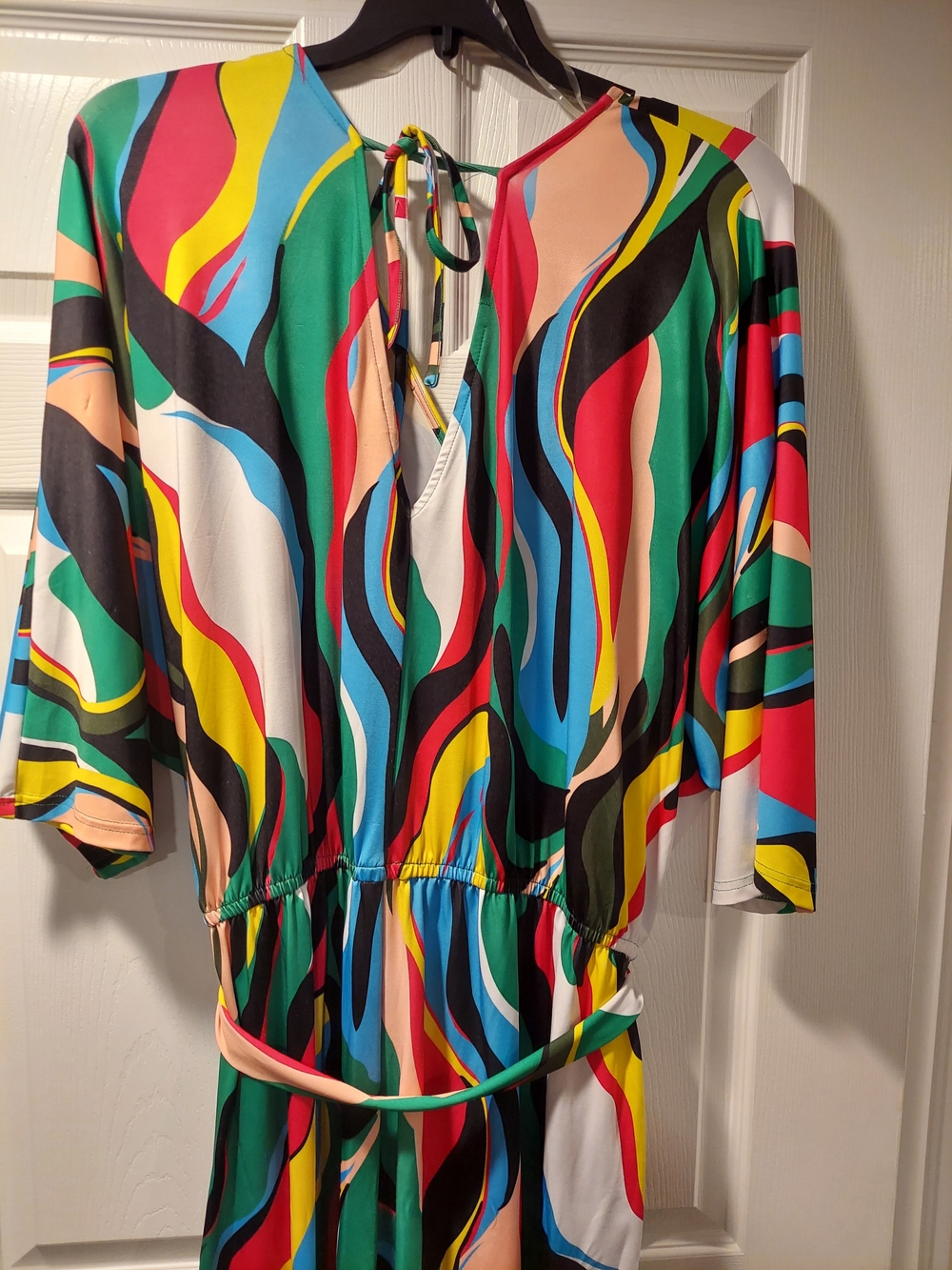 Ashley Stewart Bold Multicolor Wave-Print Jumpsuit in Blue, Yellow, Green